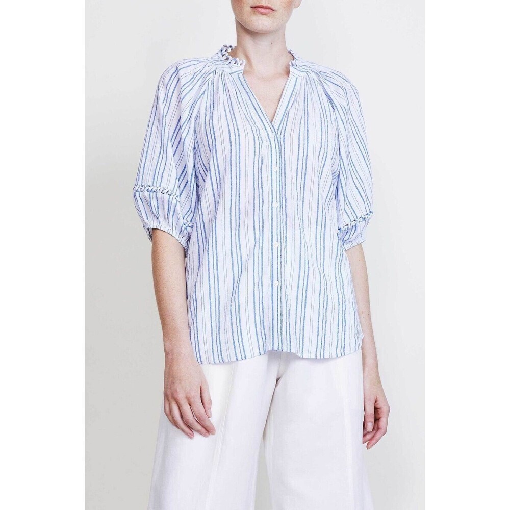 Apiece Apart‎ Womens Mitte Top Size S Blue White Stripes V Neck Button Up Preppy